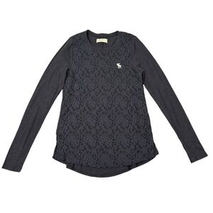 Abercrombie Kids Girls Gray Lace Front Long Sleeve Top Size 13/14 Moose Logo 726